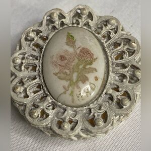 Vintage Hand Painted Portrait Pill Box/ Trinket With White Filigree Trim
